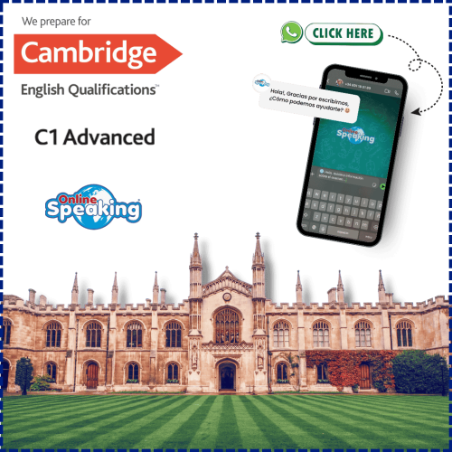 La escuela de Cambridge con el texto de click aquí para prepararte